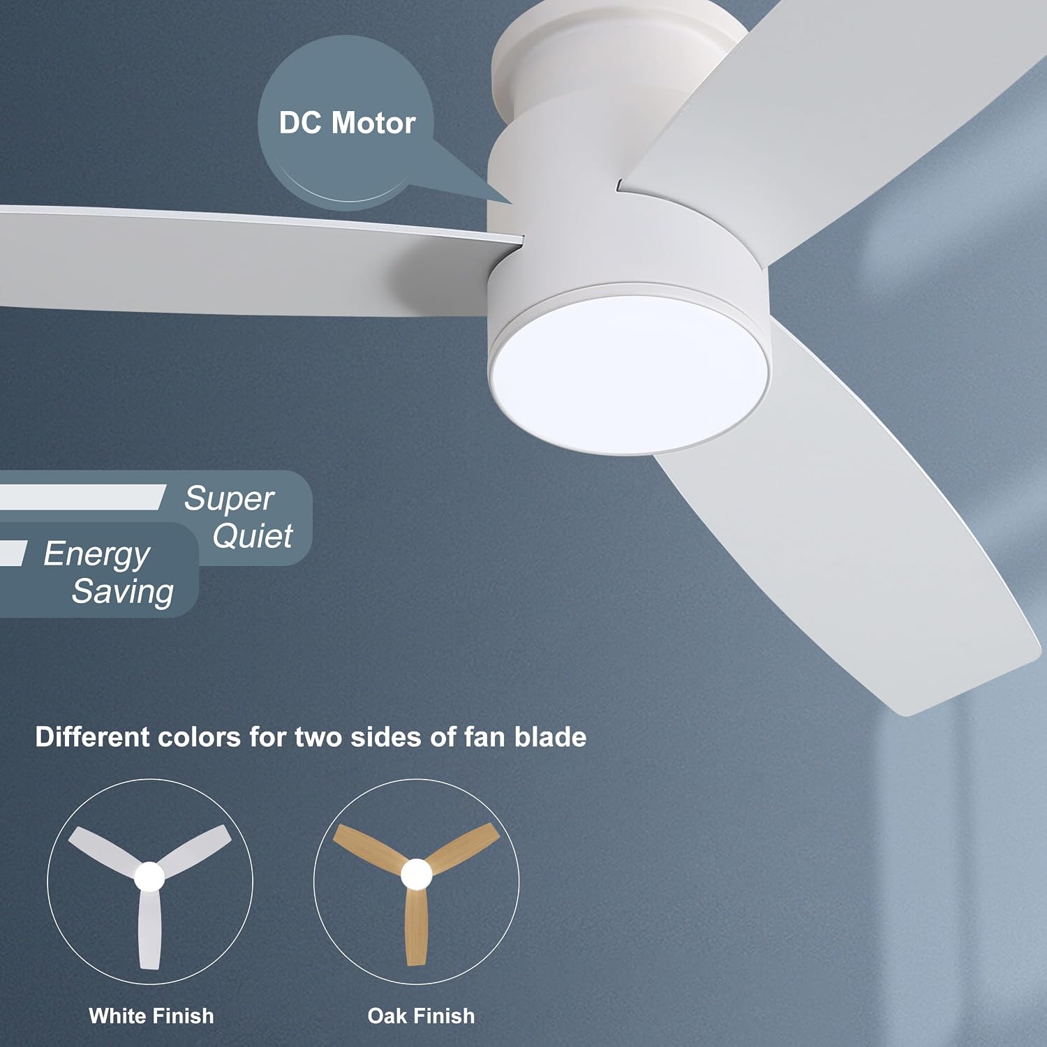 WINGBO 44 Inch Flush Mount DC Ceiling Fan with Lights and Remote, 3 Reversible Blades in White/Oak Finish, 6-Speed DC Motor, 3CCT, Low Profile White Ceiling Fan for Bedroom, Indoor/Outdoor Use