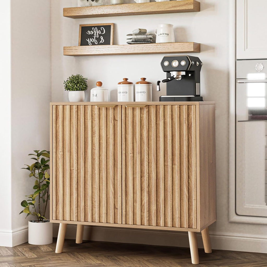 Pamapic Fluted Storage Cabinet, Sideboard Buffet with Doors and Shelf, Wooden Console Table & Credenza, Multifunctional Entryway Cabinet for Living Room, Dining Room (Natural)