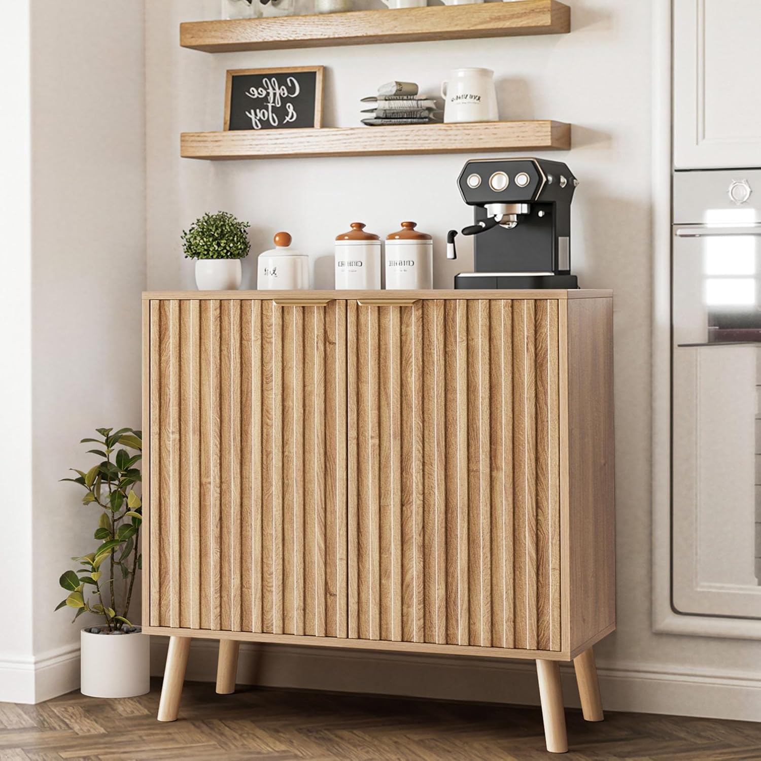 Pamapic Fluted Storage Cabinet, Sideboard Buffet with Doors and Shelf, Wooden Console Table & Credenza, Multifunctional Entryway Cabinet for Living Room, Dining Room (Natural)
