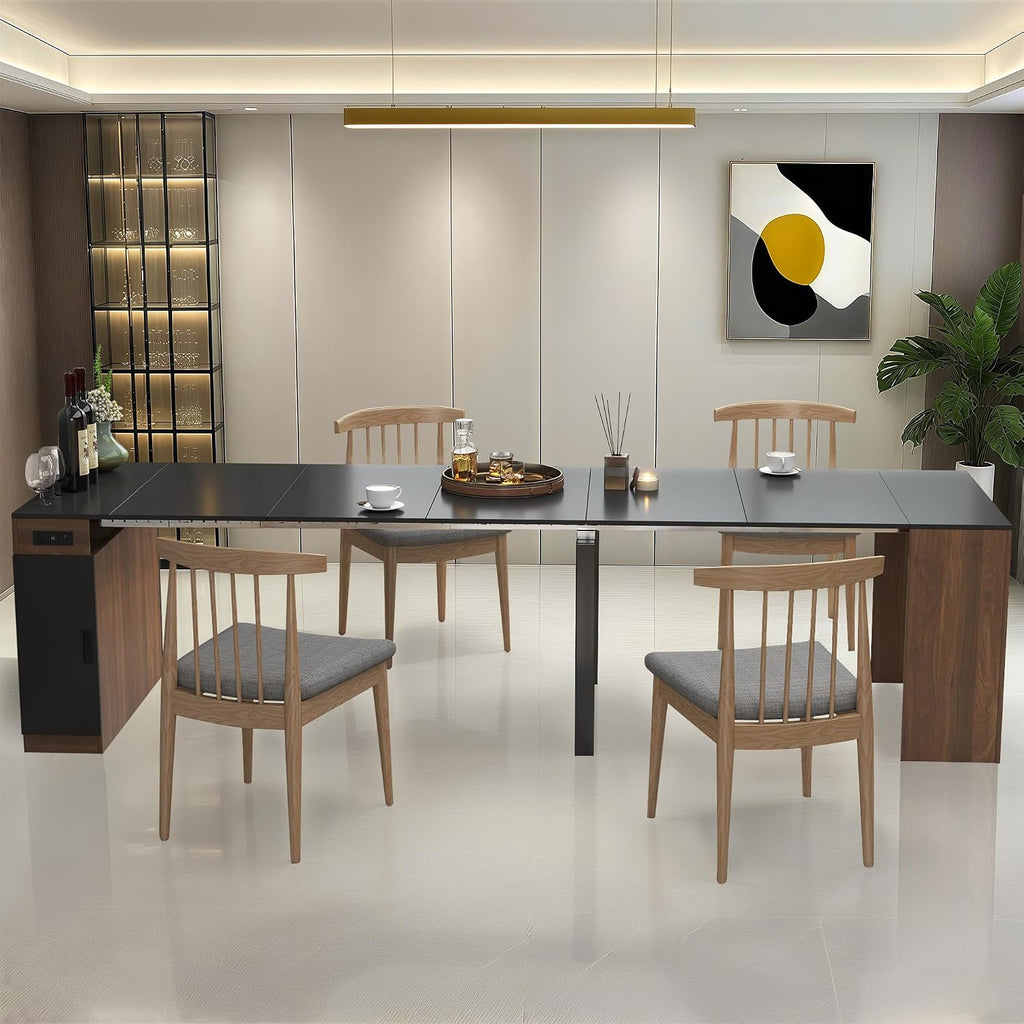 24''- 118'' Extendable Dining Room Table, Expandable Dining Table, Modern Large Table, for 2-12 Person(with Cabinet & Outlet), Black