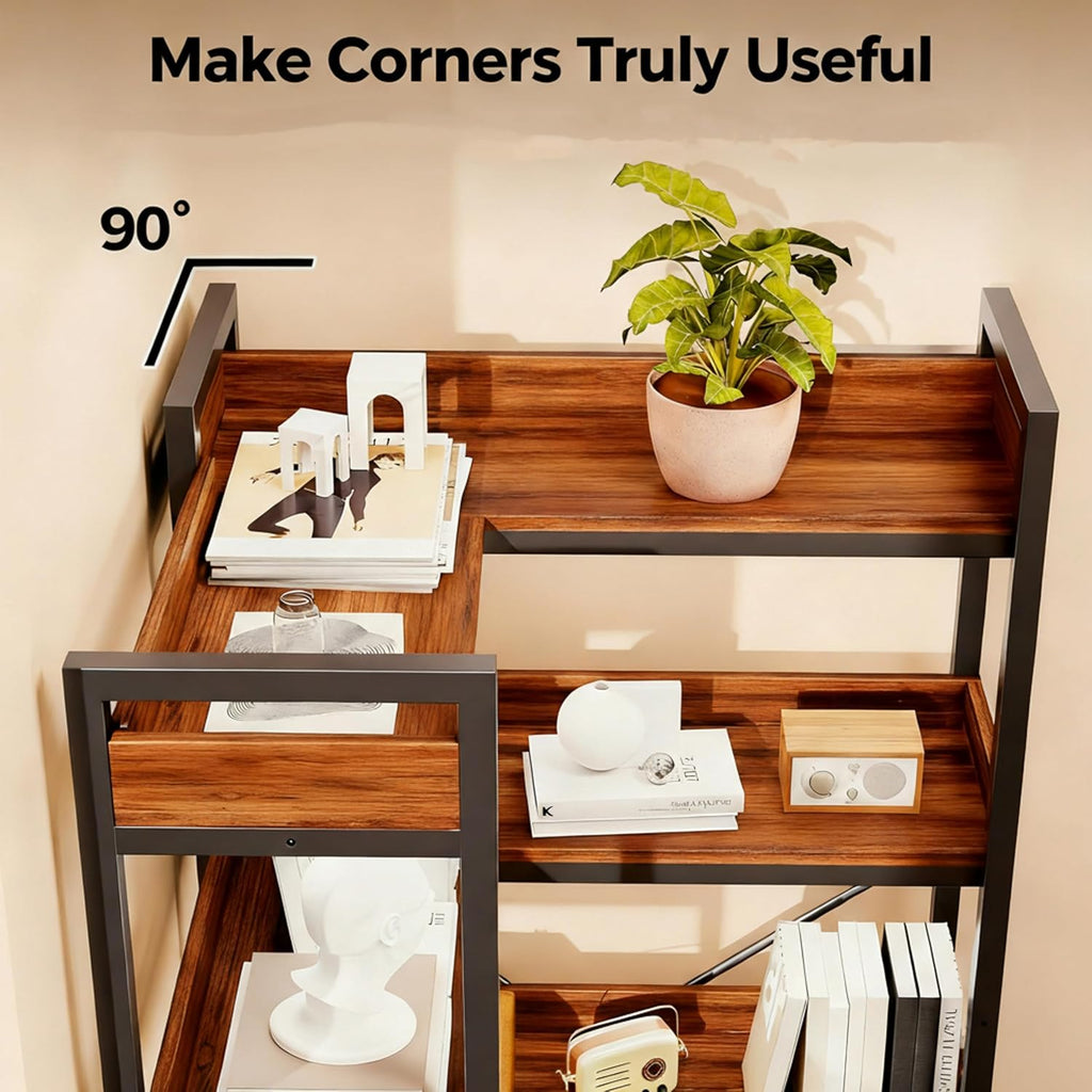 Simple Deluxe 5-Tier Industrial L-Shaped Corner Bookshelf 65', Open Storage Shelving with Hooks & Edge Trim, Sturdy Metal Wood Frame for Living Room, Bedroom, Home Office, Kitchen, Brown