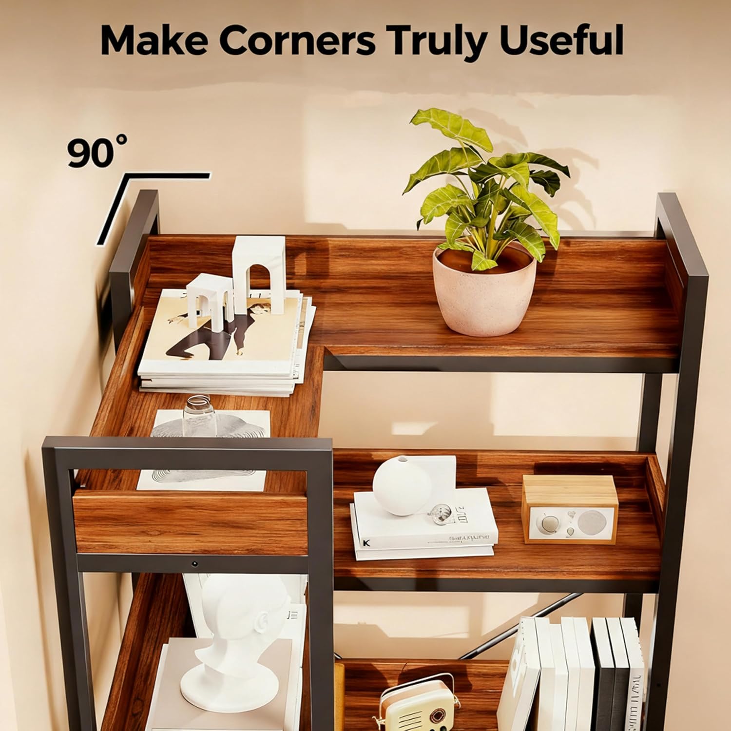 Simple Deluxe 5-Tier Industrial L-Shaped Corner Bookshelf 65', Open Storage Shelving with Hooks & Edge Trim, Sturdy Metal Wood Frame for Living Room, Bedroom, Home Office, Kitchen, Brown