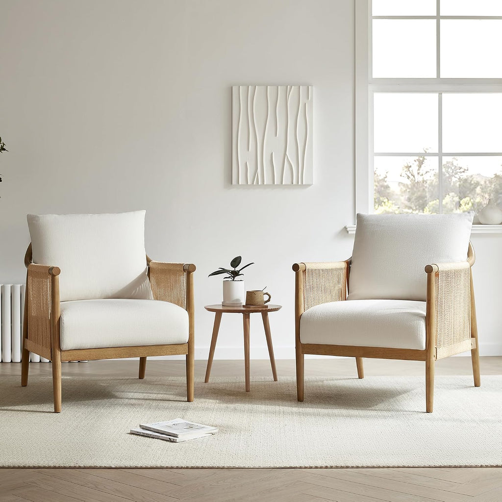 CHITA Braid Accent Chair, Modern Armchair with Solid Wooden Armrest for Living Room and Bedroom, Boho Reading Chair, Cream