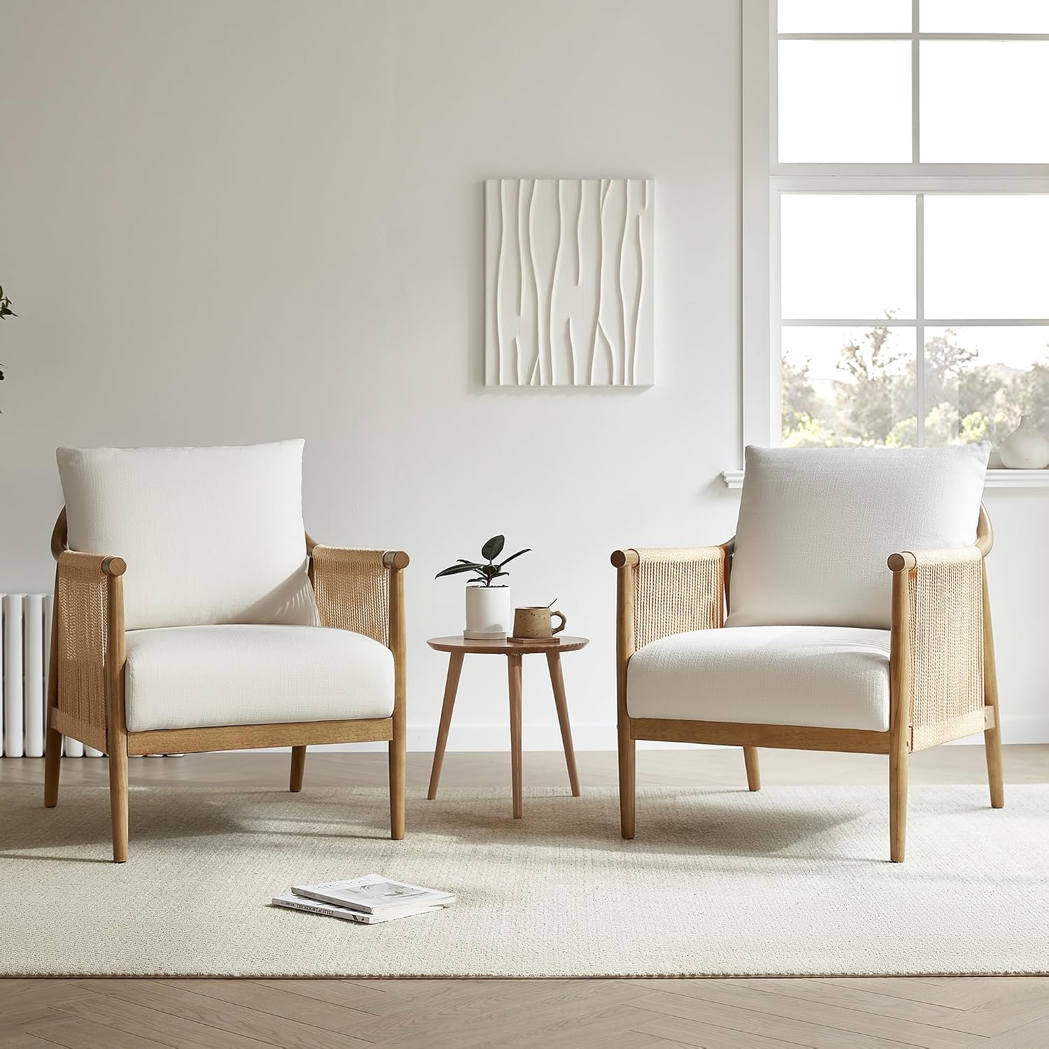 CHITA Braid Accent Chair, Modern Armchair with Solid Wooden Armrest for Living Room and Bedroom, Boho Reading Chair, Cream