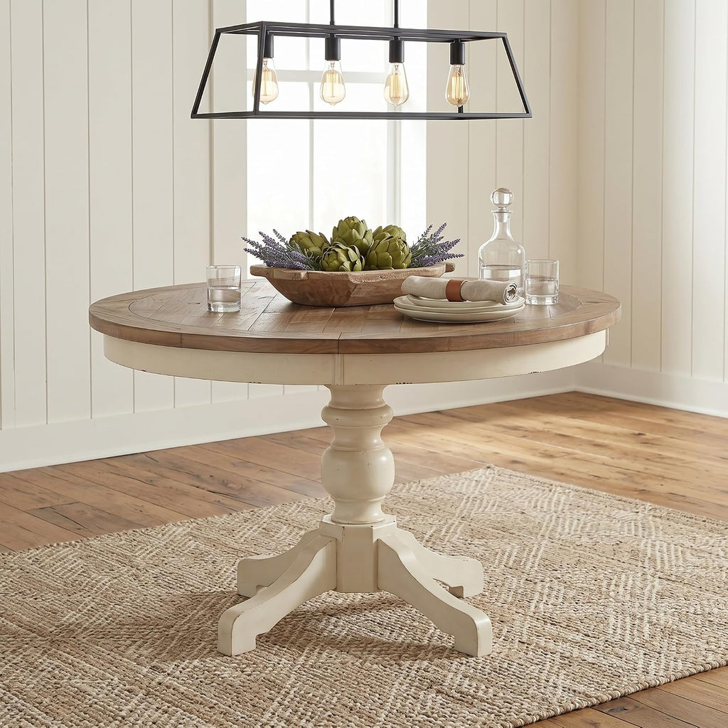 Roundhill Furniture Prato 5-Piece Round Dining Table Set with Cross Back Chairs, Antique White and Distressed Oak
