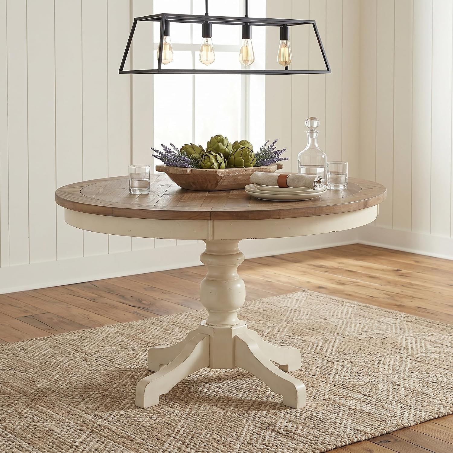 Roundhill Furniture Prato 5-Piece Round Dining Table Set with Cross Back Chairs, Antique White and Distressed Oak