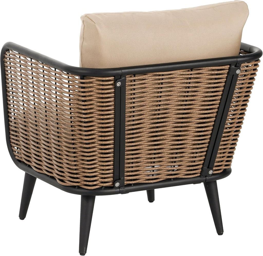 Christopher Knight Home Xayah Patio Wicker Accent Chair Set of 2, Outdoor Lounge Chair with Water-Resistant Cushion, Woven Faux Rattan Backrest & Armrest, Sturdy Metal Frame Armchair, Brown + Khaki
