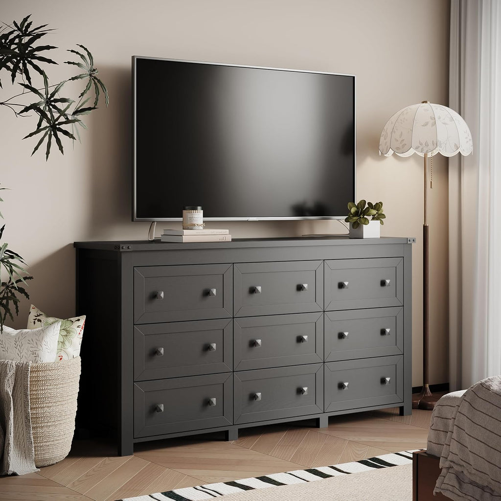 Dresser for Bedroom with 9 Drawers, Farmhouse Wood Chest of Drawers, Wide TV Stand Closet Storage Furniture with Metal Handle, Modern Clothes Organizer for Hallway, Living Room, Entryway, Black