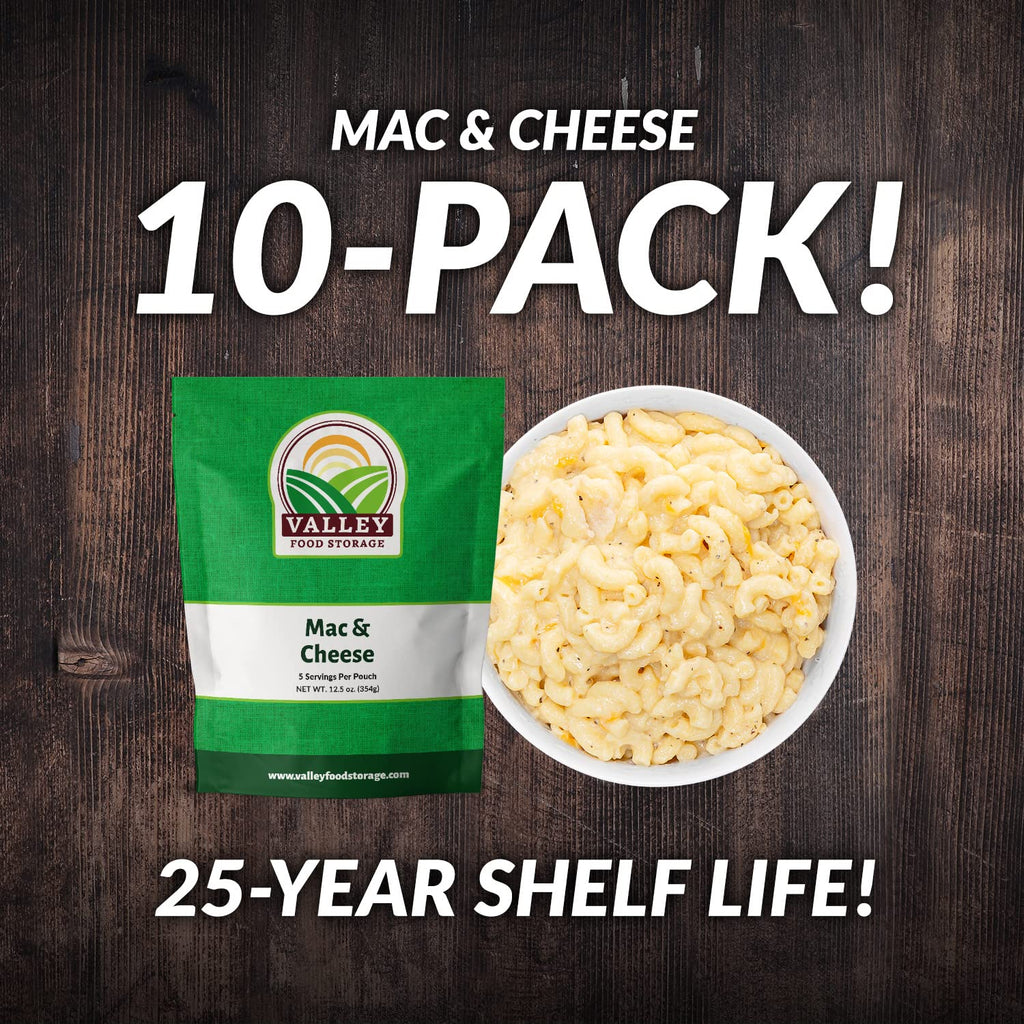 Valley Food Storage Mac and Cheese | 10-Bag Bucket, 50 Servings | Non-GMO Premium Emergency Food Supply, 25 Year Shelf Life | Survival Meal Kits, Prepper Food, Camping & Off-Grid Living Supplies