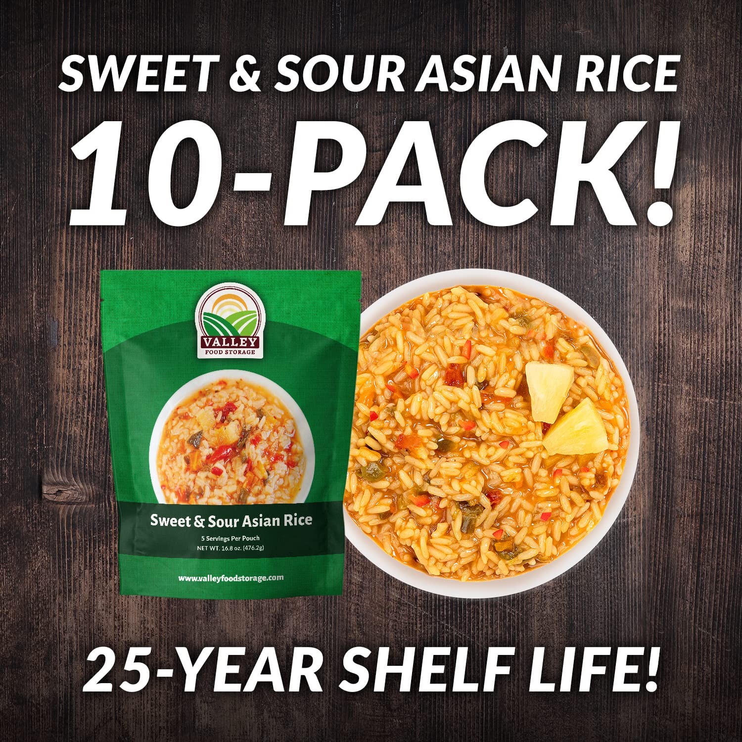 Valley Food Storage Sweet & Sour Asian Rice | 10-Bag Bucket, 50 Servings | Gluten Free Premium Emergency Food Supply, 25 Year Shelf Life | Survival Meal Kits, Prepper Food & Off-Grid Living Supplies