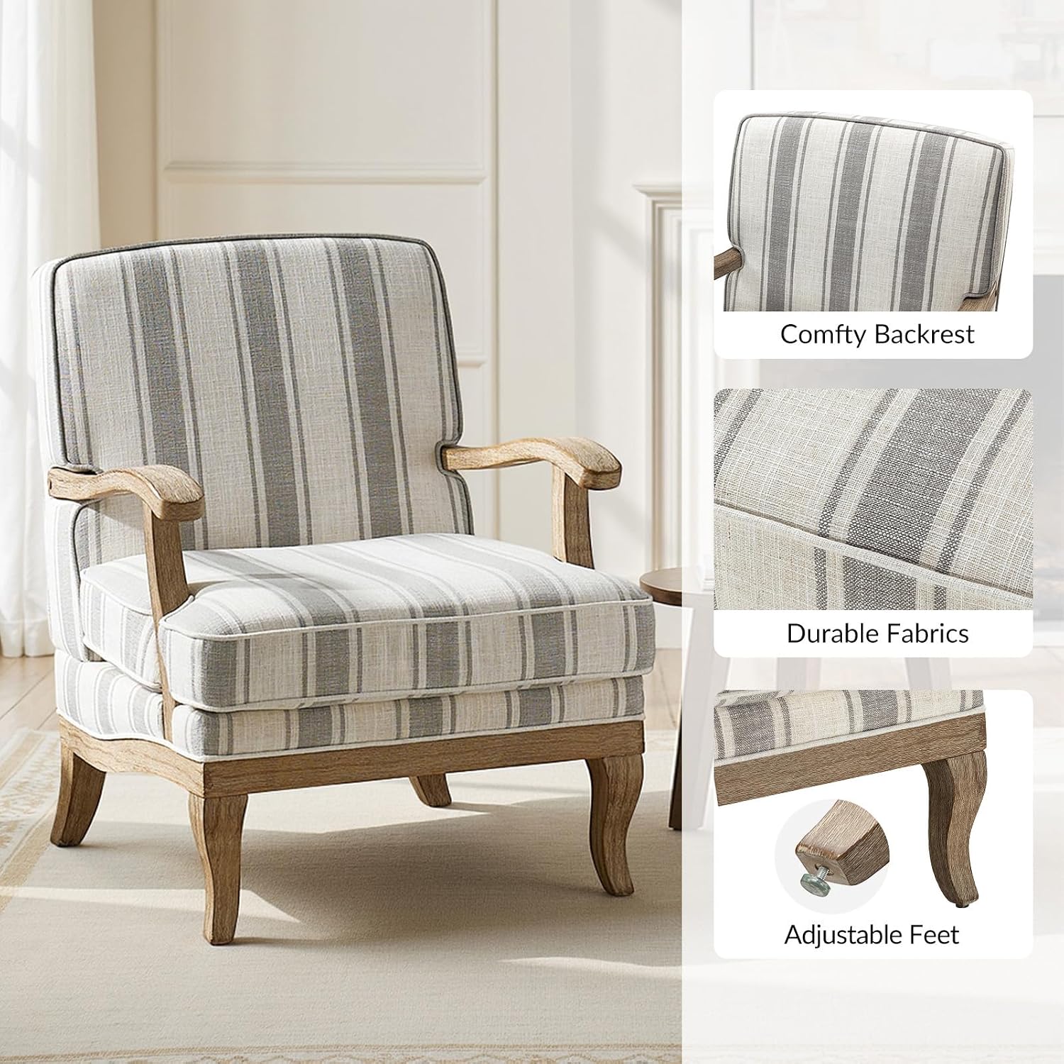 HULALA HOME Upholstered Accent Chair, Mid-Century Modern Striped Chair with Graceful Curves and Wooden Legs, Comfy Lounge Armchair Striped Accent Chairs for Living Room, Bedroom (Grey)