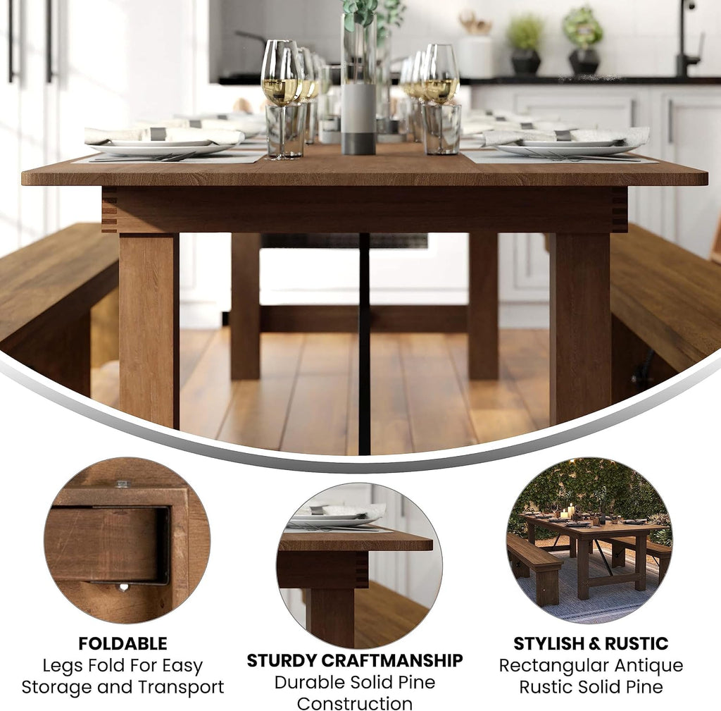 Flash Furniture Hercules Series 9' x 40' Rustic Solid Pine Folding Dining Table, Rectangular Antique Farmhouse Dining and Event Extension Table
