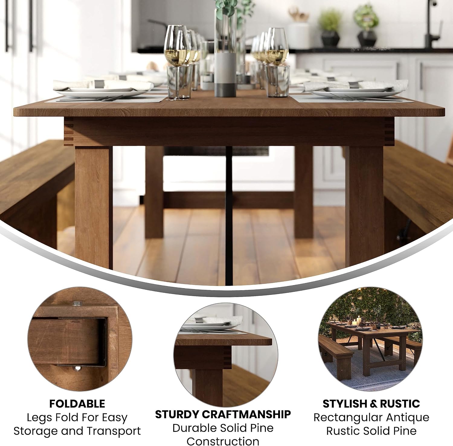 Flash Furniture Hercules Series 9' x 40' Rustic Solid Pine Folding Dining Table, Rectangular Antique Farmhouse Dining and Event Extension Table