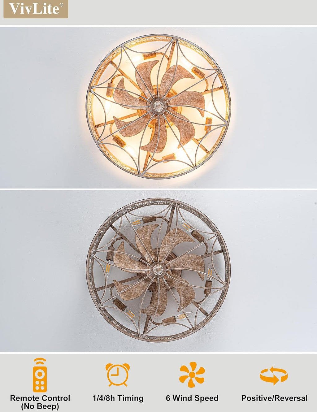 Vintage Farmhouse Fandelier Caged Ceiling Fan with Light Low Profile Rustic Flush Mount Light Fixture with Crystal Details Bladeless and Remote for Bedroom (Antique Wood, Medium-21INCH)