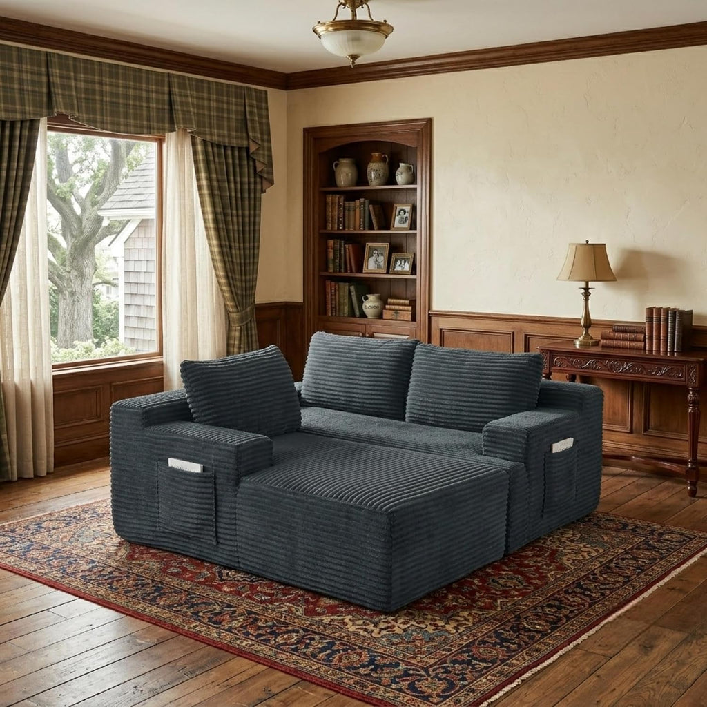 96' Corduroy Sectional Sofa Boneless Couches for Living Room - L Shaped Compressed Cloud Couch with Left Facing Chaise Lounge and Side Pockets