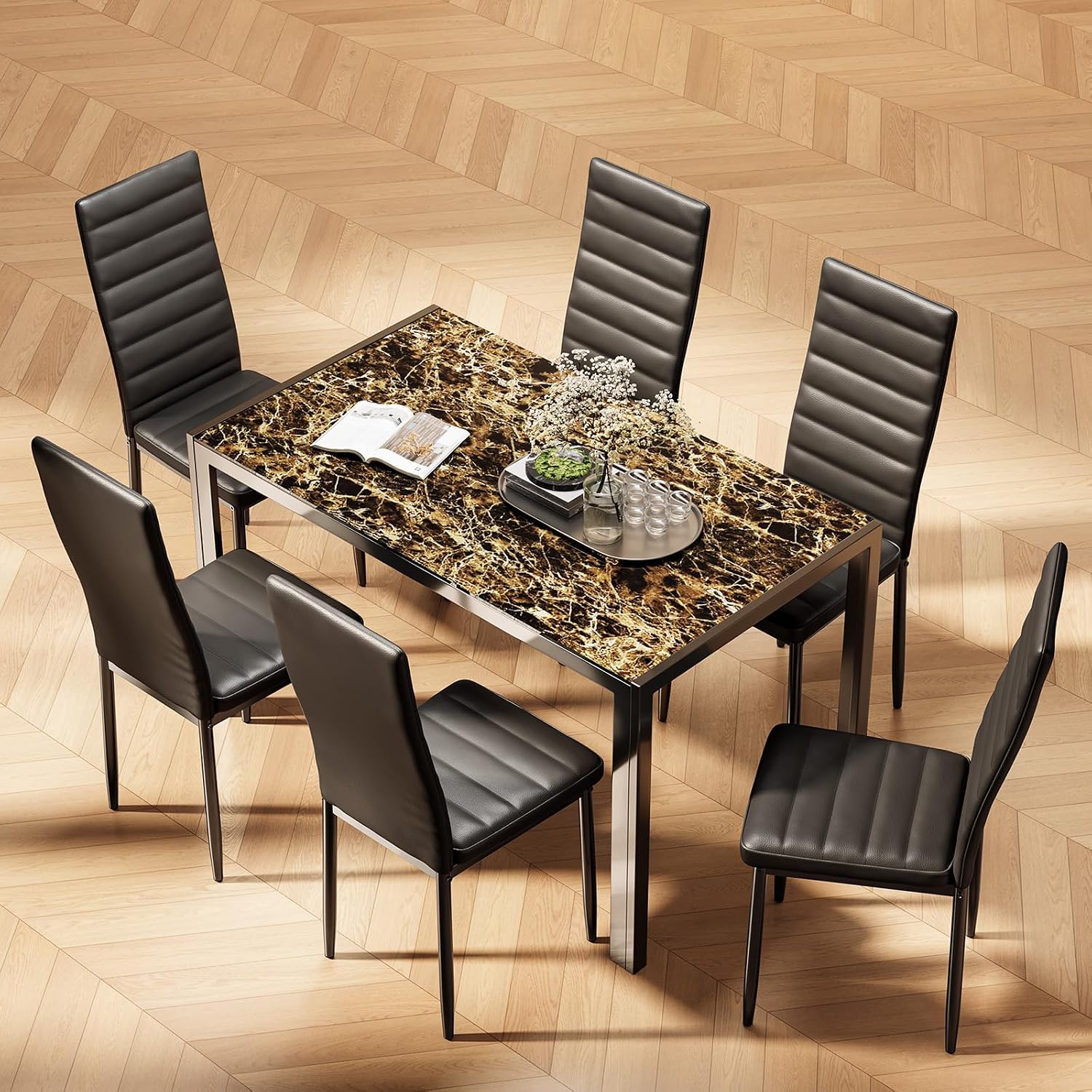 Bealife Kitchen Dining Table Set for 6, Tempered Glass 7 Piece Table and Chairs Set Modern for Home, Kitchen, Living Room, Dining Room, Marble