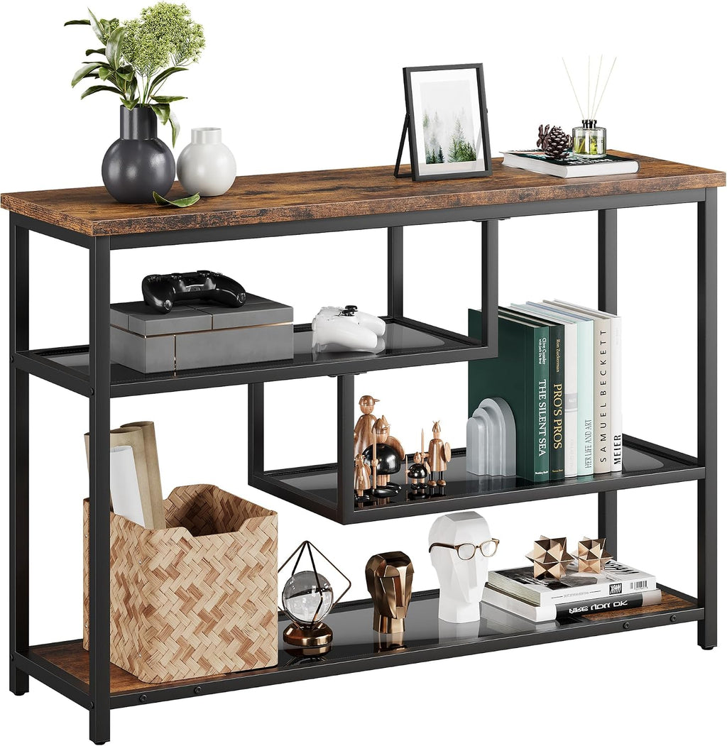 IDEALHOUSE 39.4' Console Table 4-Tier Narrow Entryway Table with Glass Storage Shelf and Metal Frame for Hallway, Living Room, Foyer, Bedroom, Corner Tables, Small Space Furniture, Rustic Brown