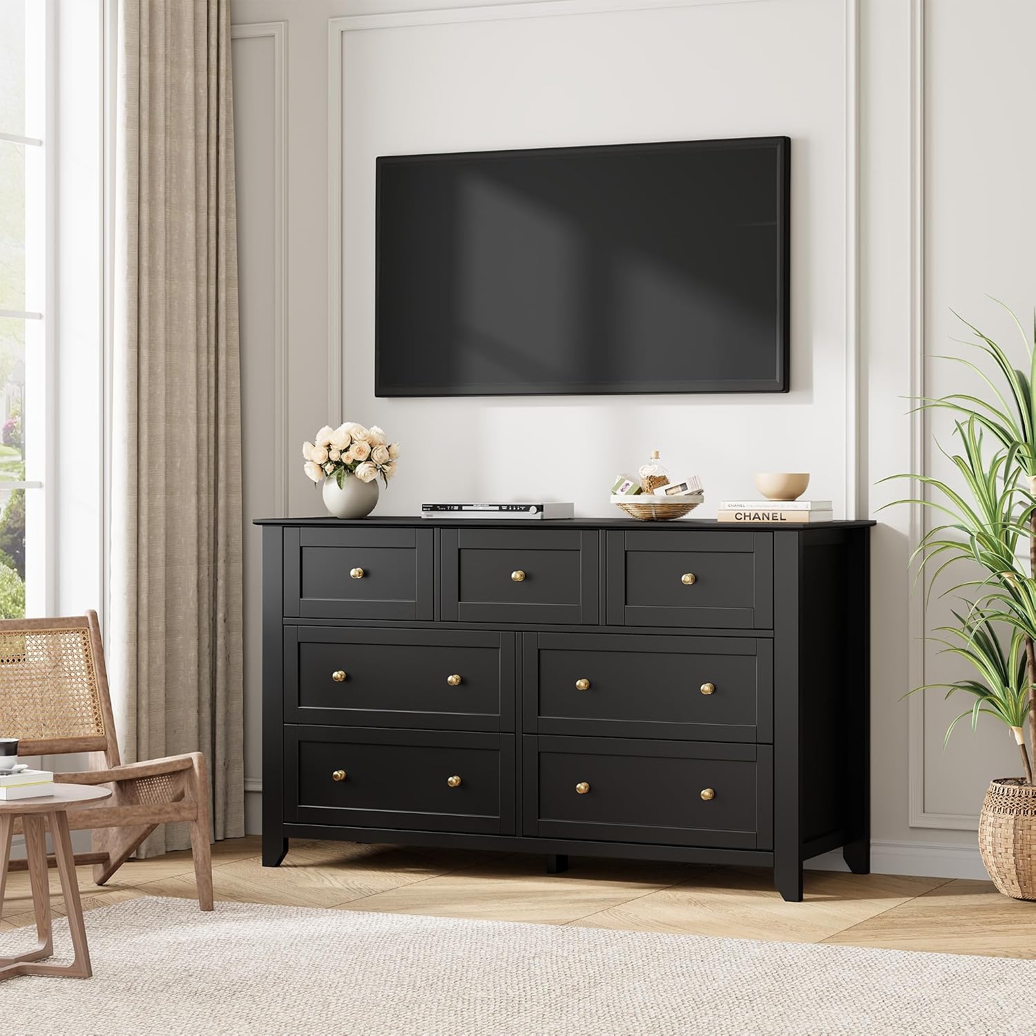 IDEALHOUSE Black 7 Drawer Dresser for Bedroom, 54' Wide Dresser with Deep Drawers & Metal Knobs, Modern Large Wooden Chests of Drawers for Entryway, Hallway