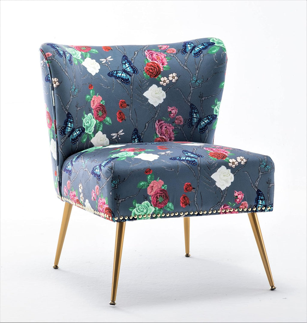 Container Furniture Direct Thia Armless Accent Chair for Living Room, Elegant Seat with Nailhead Trim, Gold Metal Legs and Comfortable Curved Back, 28' D x 25' W x 29.5' H, 07 Floral Print