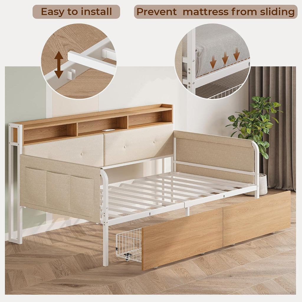 LIKIMIO Twin Daybed with Storage,Upholstered Headboard and Charging Station,White