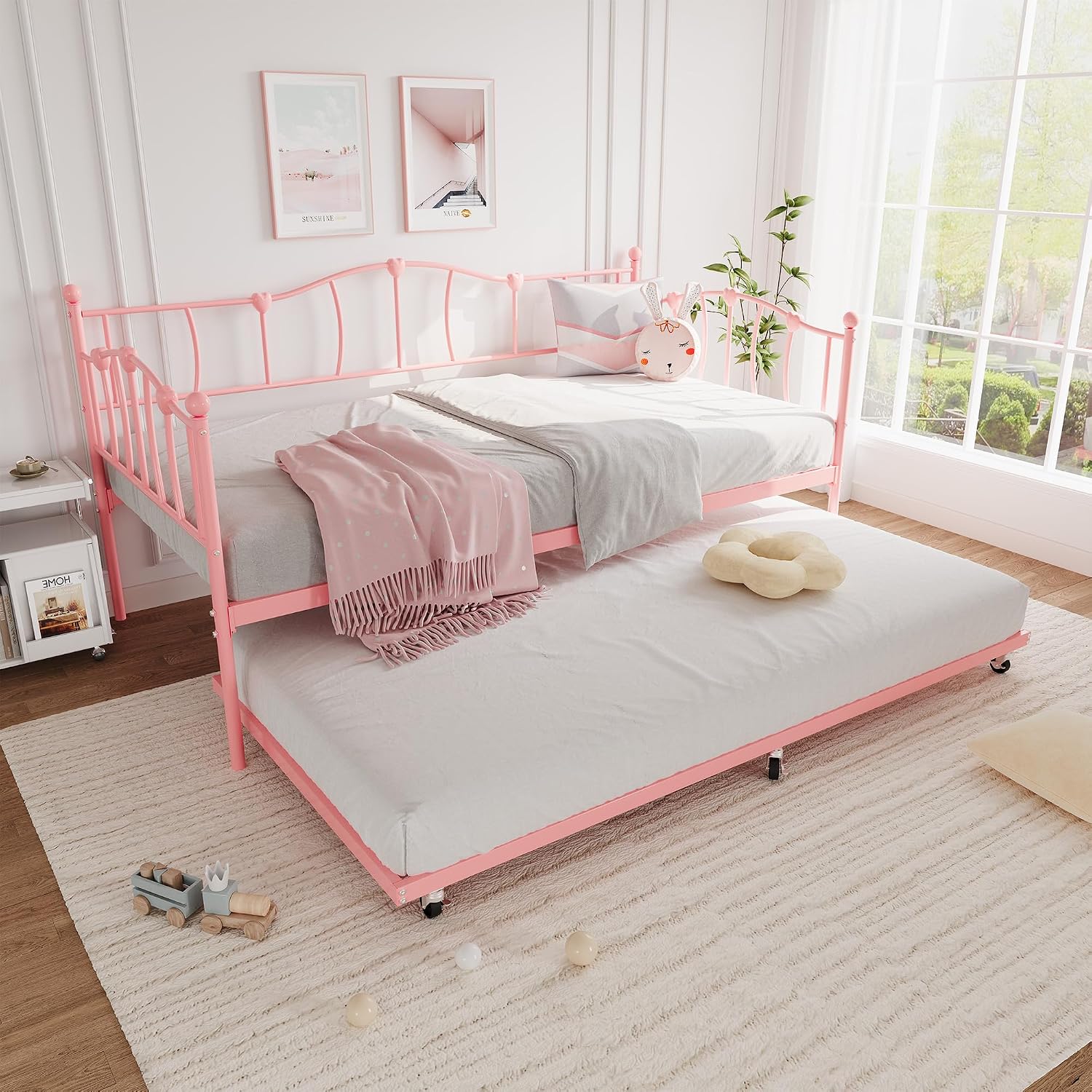 GarveeHome Twin Daybed with Trundle, Metal Sofa Bed Frame with Steel Slat Support, for Living Room, Bedroom, Love Heart Design, No Box Spring Needed, Pink