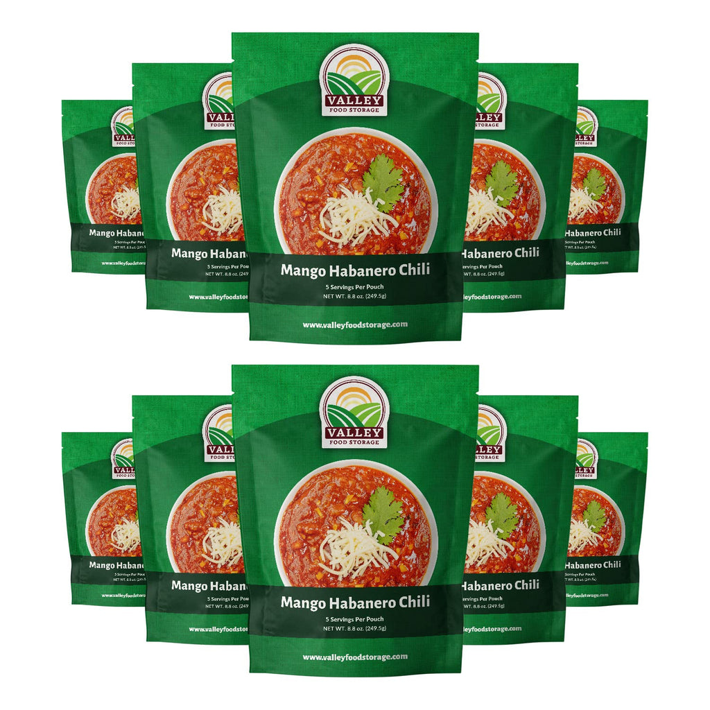 Valley Food Storage Mango Habanero Chili | 10-Bag Bucket, 50 Servings | Premium Emergency Food Supply, 25 Year Shelf Life | Survival Meal Kits, Prepper Food & Off-Grid Living Supplies, Packaged in USA