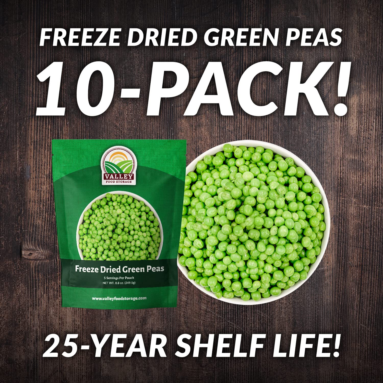 Freeze Dried Green Peas 10-Bag Bucket, 88 Oz | Premium Emergency Food Supply 25 Year Shelf Life | Prepper Supplies, Survival Food, Off Grid Living Supplies | Valley Food Storage Packaged in USA