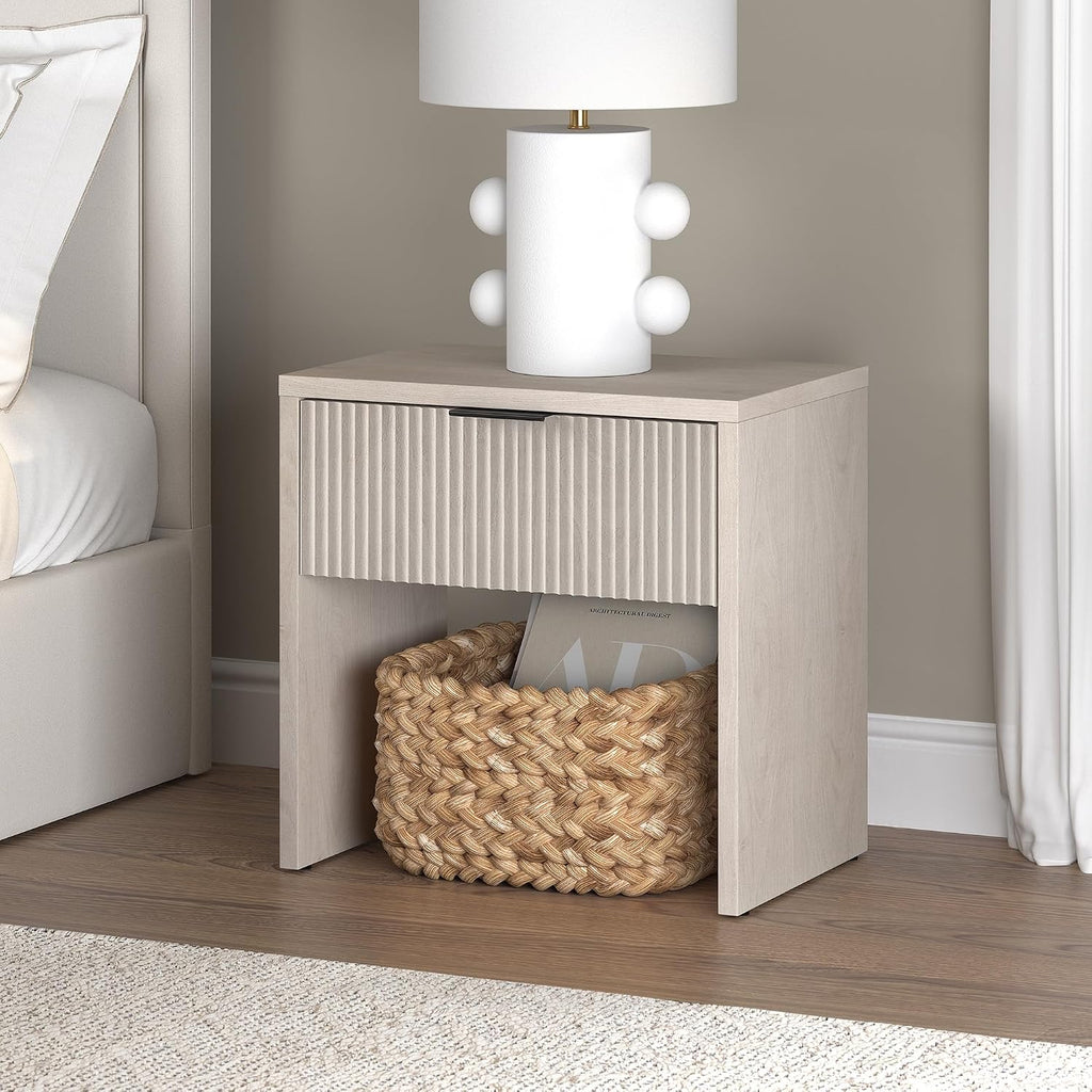 Henn&Hart 24' Fluted Modern Wooden Nightstand, Ribbed Side Table with Storage Drawer and Open Storage Space for Bedroom, Living Room, or Home Office, Beech White