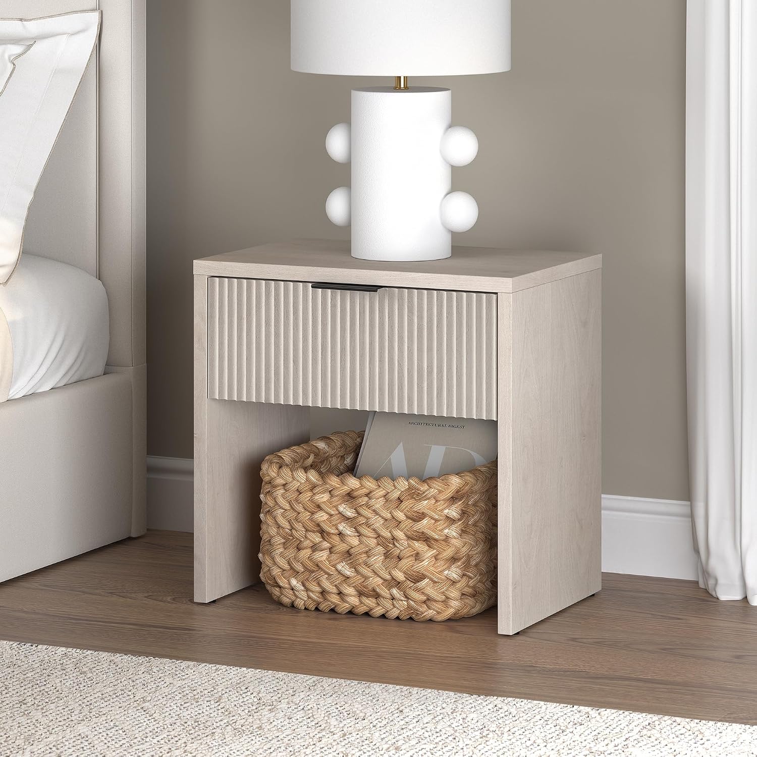 Henn&Hart 24' Fluted Modern Wooden Nightstand, Ribbed Side Table with Storage Drawer and Open Storage Space for Bedroom, Living Room, or Home Office, Beech White