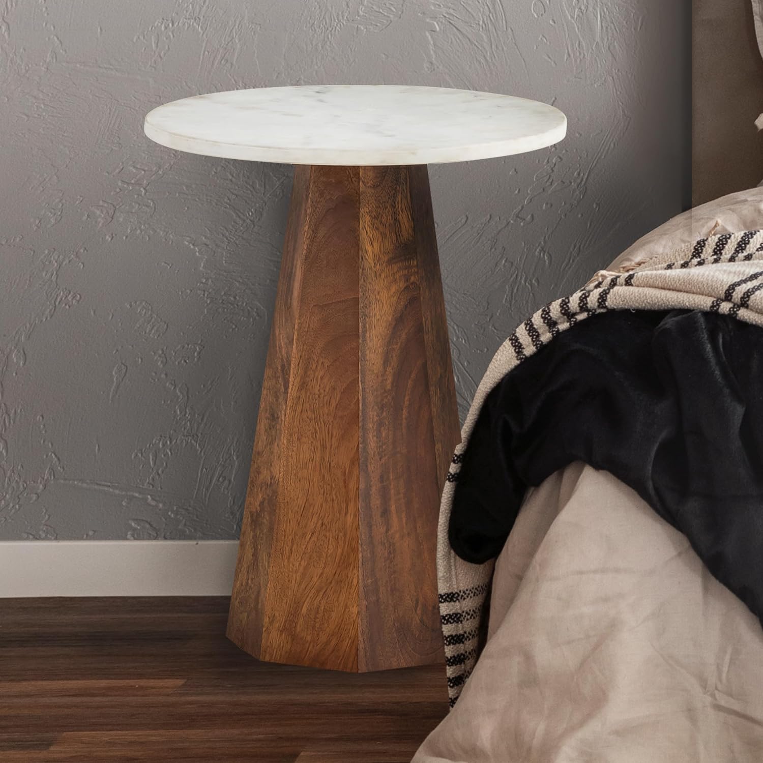 NAYA Natural Wood Side Table with White Marble Top – 15' Round End Table – Rustic Farmhouse Accent Table for Living Room, Bedroom, and Bedside Storage – Modern & Minimalist Home Furniture