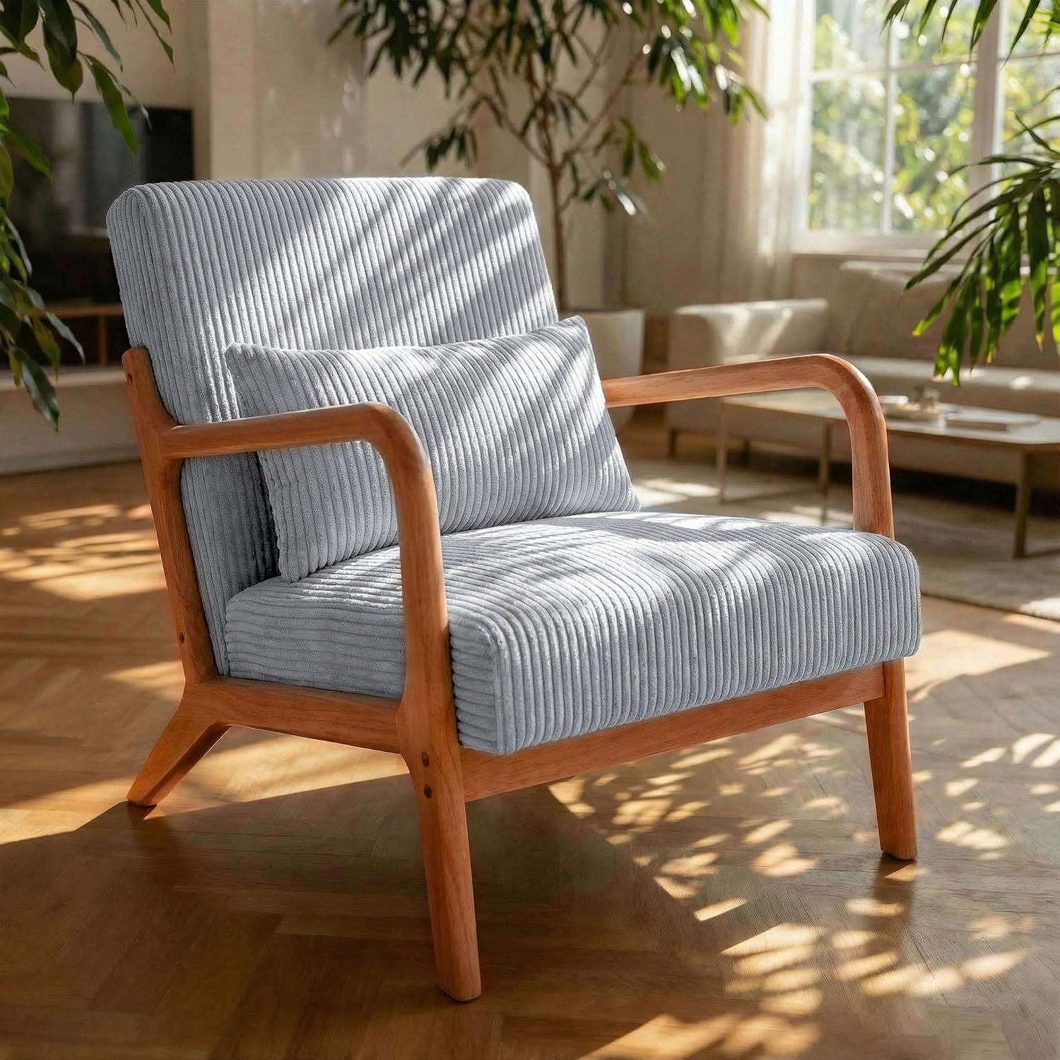 Mid Century Modern Accent Chair with Solid Rubberwood Frame, Comfy Corduroy Reading Armchair with Lumbar Pillow, Compact Lounge Chair for Bedroom, Nursery & Small Spaces, Light Grey