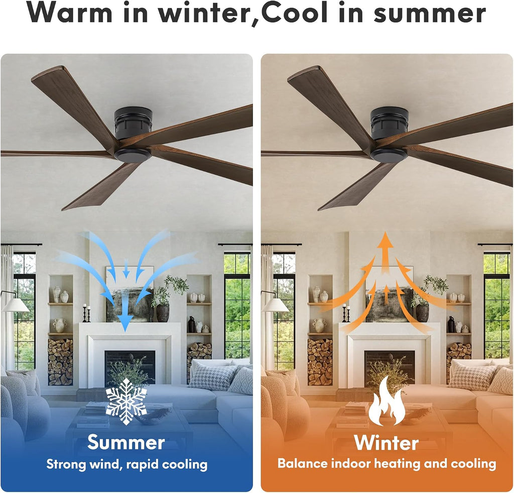 EKIZNSN 84 Inch Low Profile Flush Mount Outdoor Ceiling Fan without Light for Patios, 5 Walnut Wood Blades, 6-Gear Speed, 110V Noiseless DC Motor (Black Finish with Walnut Blades)