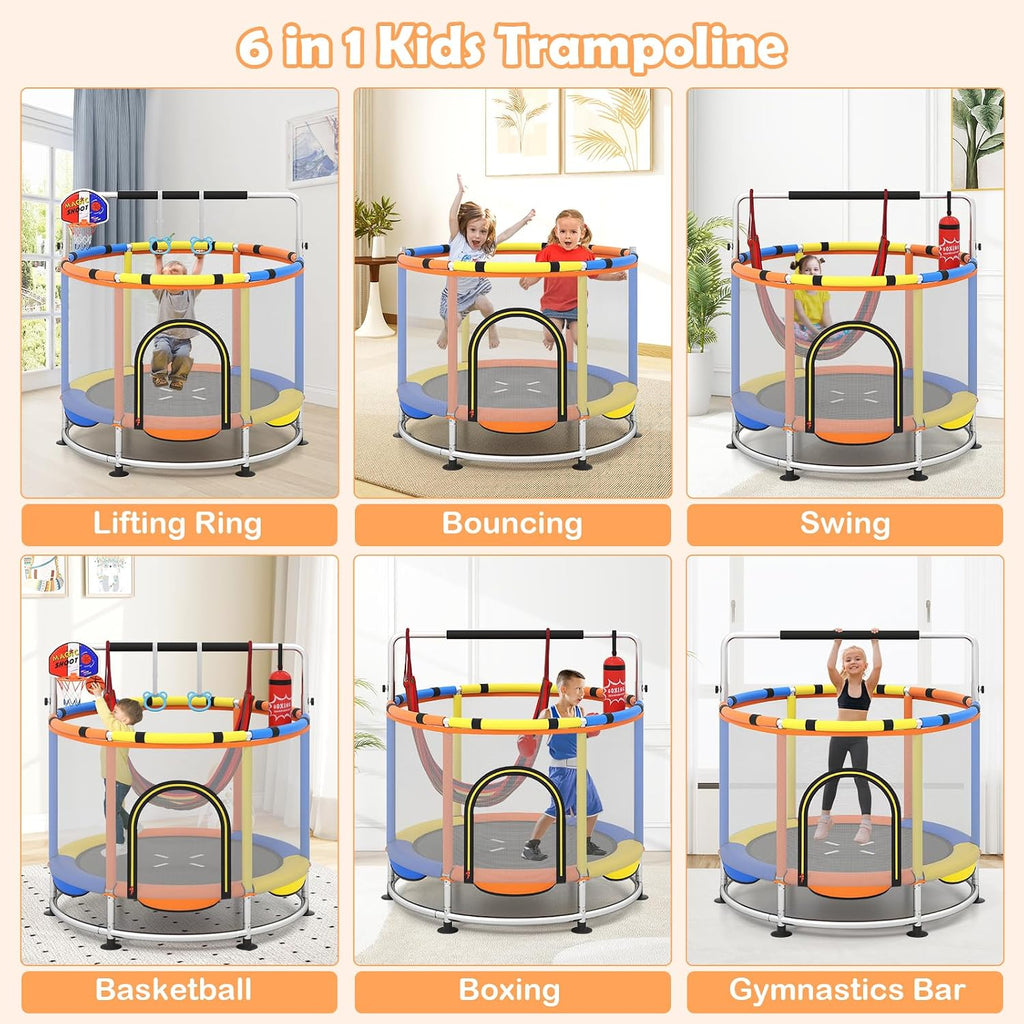 OLAKIDS 55' Trampoline for Kids, Indoor Outdoor Adjustable Toddler Trampoline with Safety Enclosure Net, Baby Recreational Trampolines with Basketball Hoop Hammock Boxing Bag Gymnastic Bar Rings
