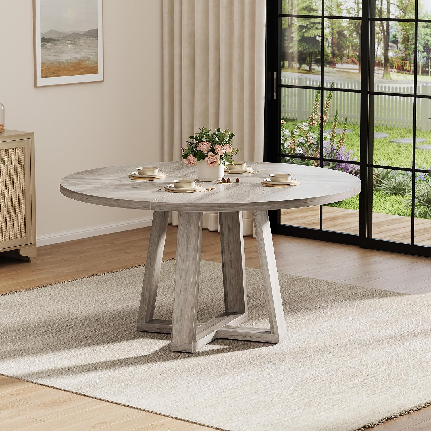 IDEALHOUSE 47 Inch Round Dining Table for 4-6 People, Circle Kitchen Table with Cross Base, Farmhouse Wood Dinner Table for Apartment, Grey