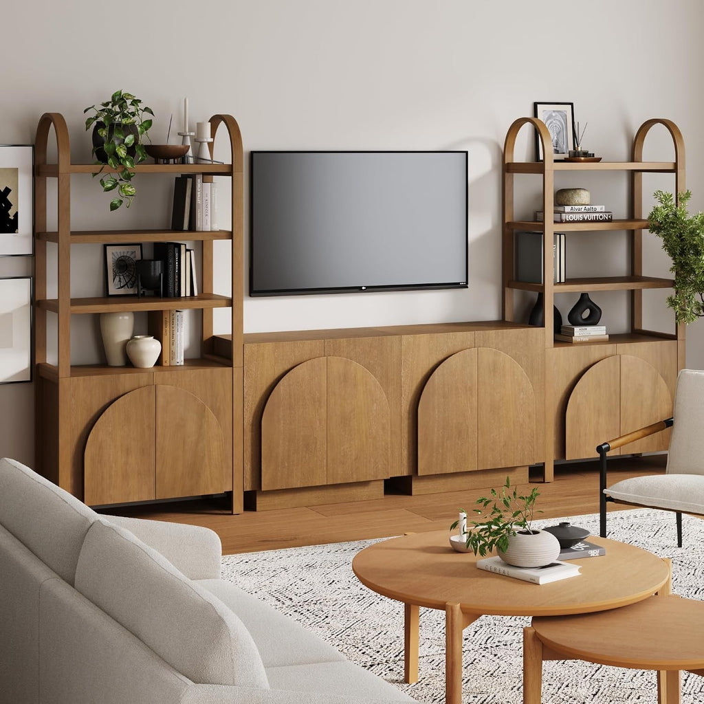 Nathan James Iris Sideboard and Bookcase Set, Mid-Century Modern Solid Wood Storage Unit with Arched Doors, 2 Cabinets and 2 Bookshelves with Cabinet, Light Brown