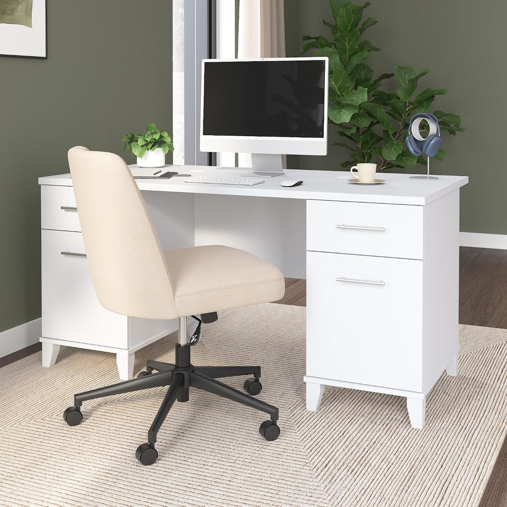 Bush Home 60-Inch Office Desk with Drawers, Computer Desk with File and Box Drawers, Home Office Workstation with Storage Cabinet, Writing Desk Furniture, Somerset Collection, White