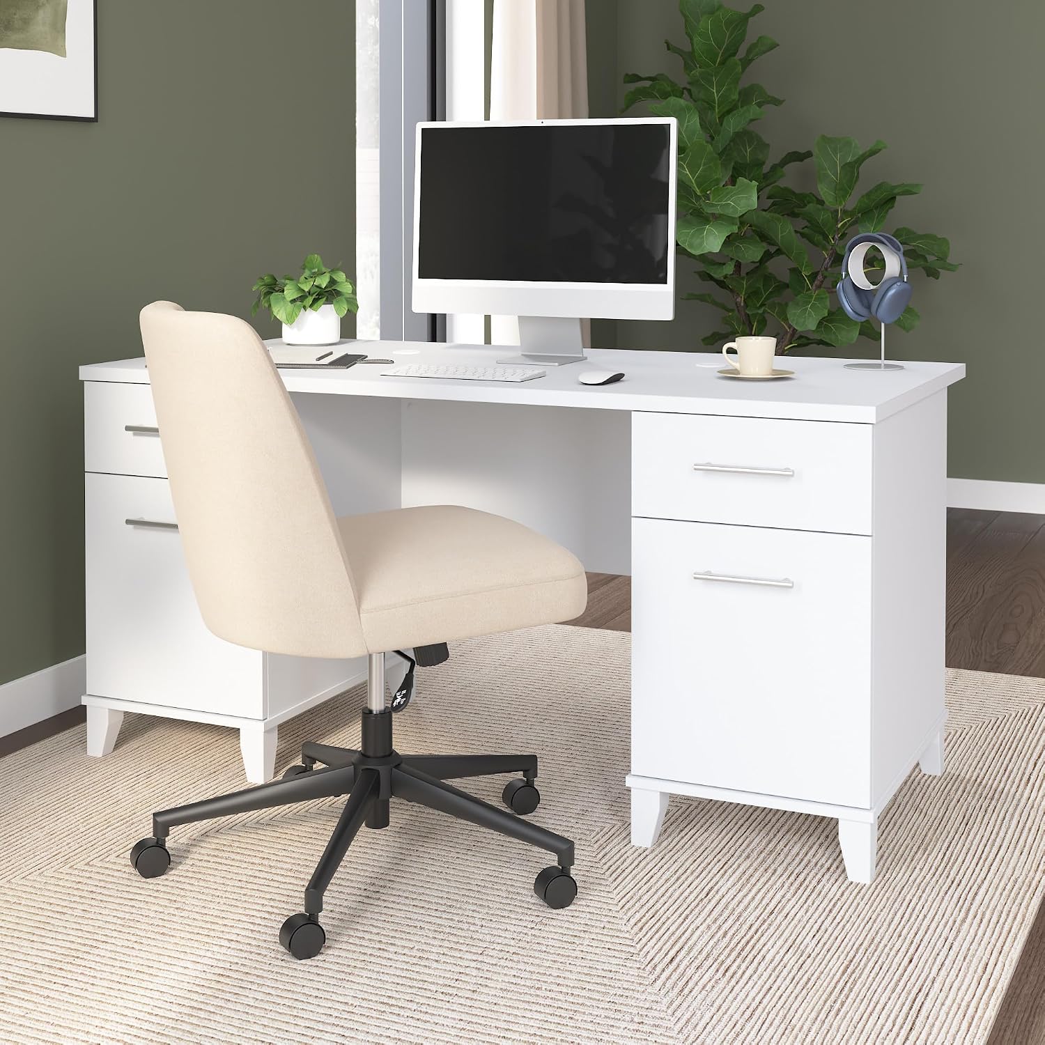 Bush Home 60-Inch Office Desk with Drawers, Computer Desk with File and Box Drawers, Home Office Workstation with Storage Cabinet, Writing Desk Furniture, Somerset Collection, White