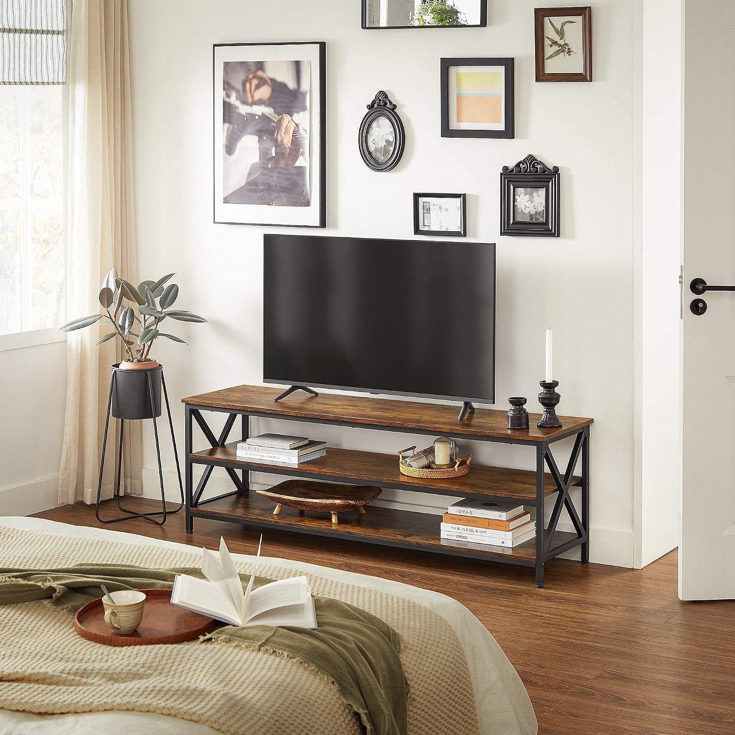VASAGLE TV Table for up to 65 Inches TVs, Media TV Console with Shelves, Farmhouse Industrial, TV Stand for Living Room, 57.9 x 15.7 x 19.7 Inches, Rustic Brown and Black ULTV100B01