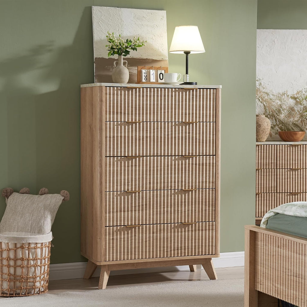 T4TREAM Fluted 5 Drawers Dresser, 48' Tall Modern Chest of Drawers with Faux Marble Top, Curved Profile Design, Wood Drawer Organizer for Bedroom, Living Room, Hallway, Entryway, Natural Oak