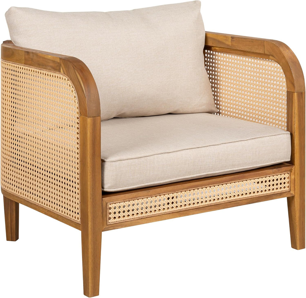Christopher Knight Home Tilden Bohemian Acacia Wood Patio Accent Chairs, Wicker Lounge Chair Outdoor, Patio Furniture Single Sofa with Removable Cushion, Comfy Garden Reading Chair, Teak+Beige