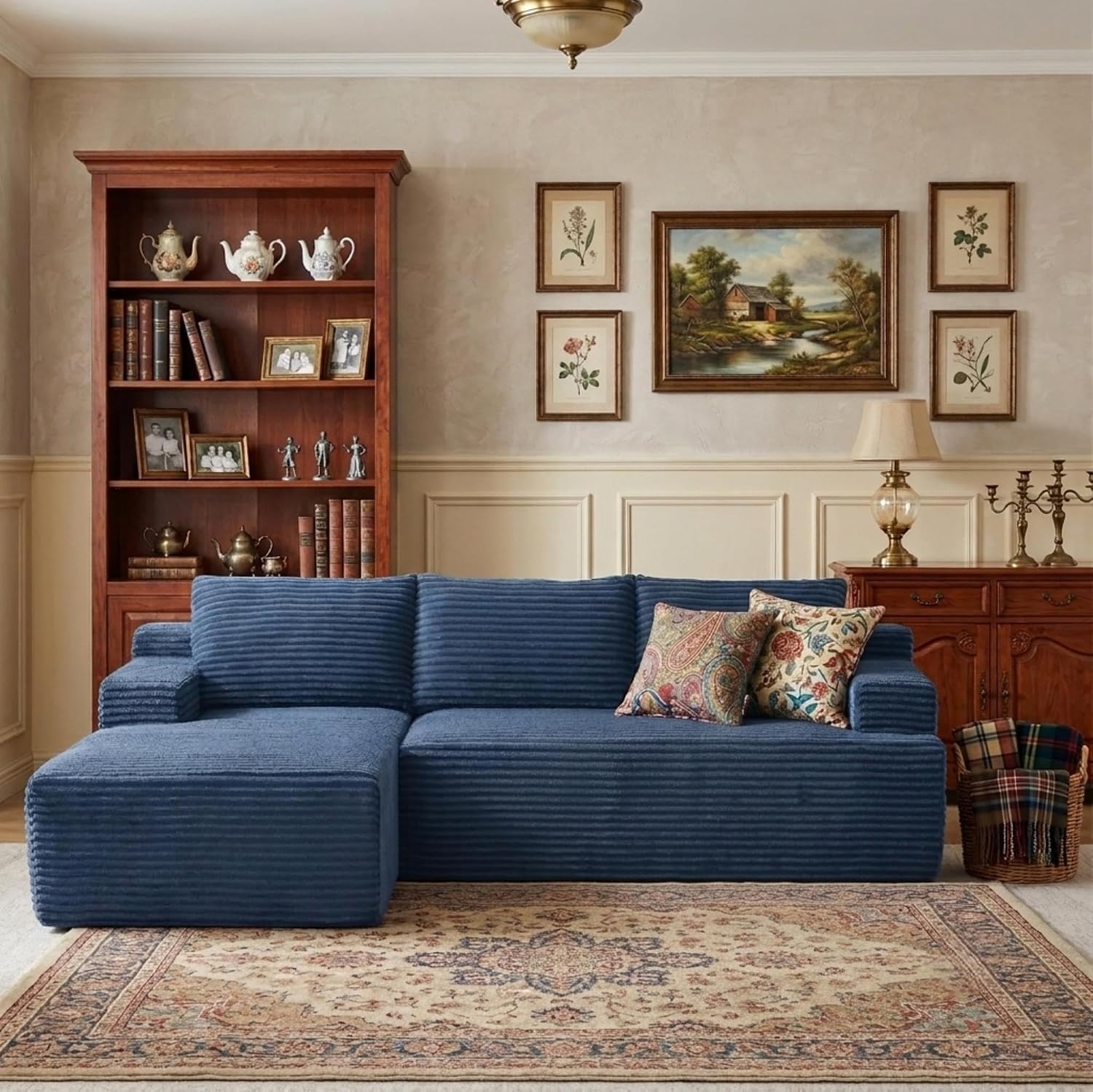 96' Corduroy Sectional Sofa Boneless Couches for Living Room - L Shaped Compressed Cloud Couch with Left Facing Chaise Lounge and Side Pockets