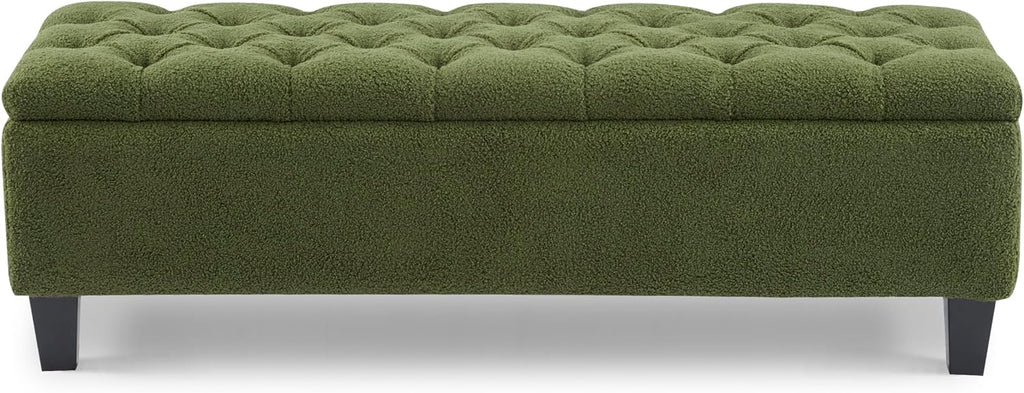 Christopher Knight Home Ottilie Boucle Fabric Storage Ottoman Bench, Wooden Rectangular Ottoman with Storage, Bedroom End of Bed Foot Stool, Entryway Ottoman Footrest, Living Room Extra Seat, Green