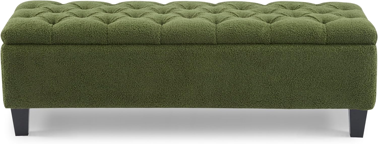 Christopher Knight Home Ottilie Boucle Fabric Storage Ottoman Bench, Wooden Rectangular Ottoman with Storage, Bedroom End of Bed Foot Stool, Entryway Ottoman Footrest, Living Room Extra Seat, Green