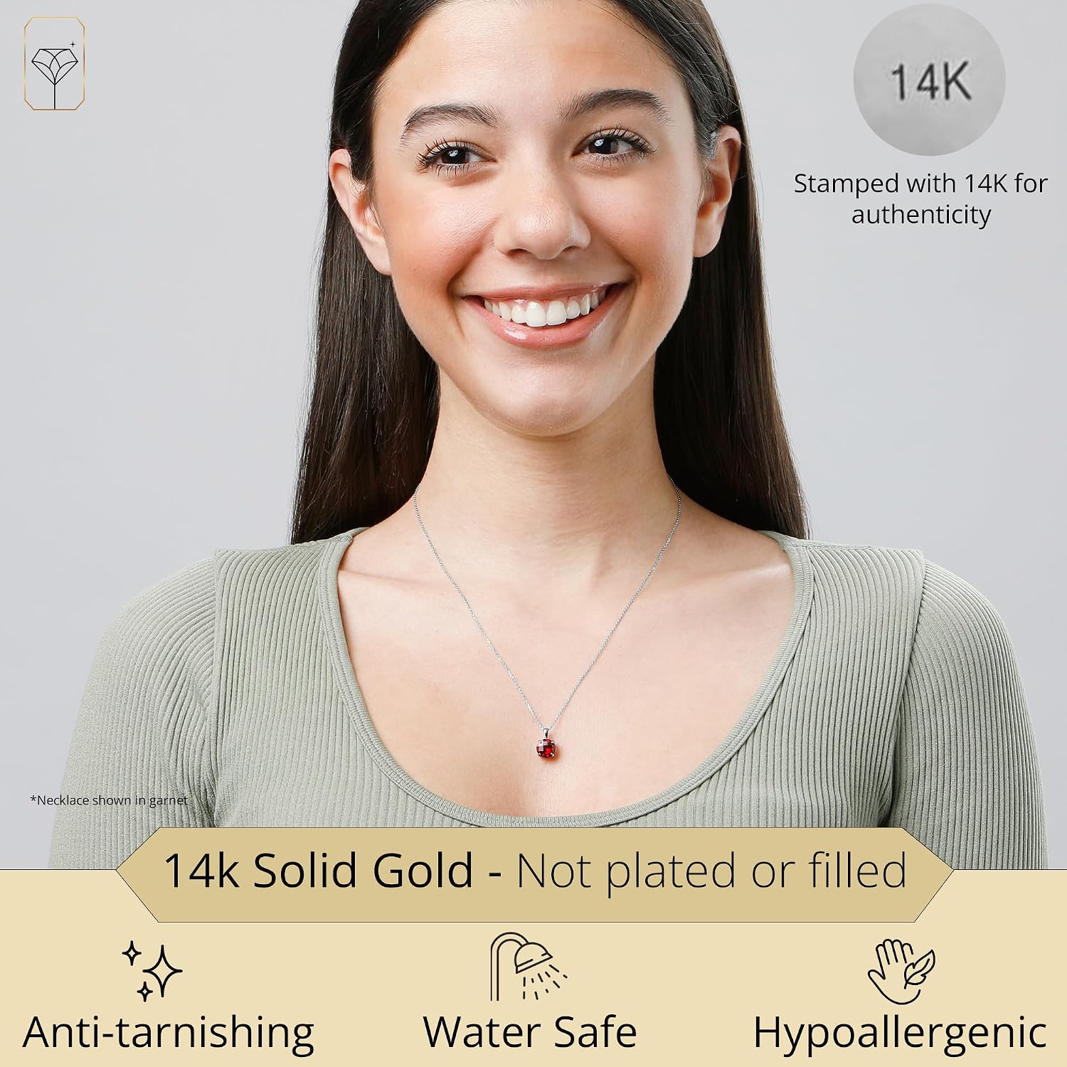 MAX + STONE 14k White or Yellow Gold Gemstone Round Pendant Necklace for Women 8mm Solitaire Birthstone with 18 Inch Cable Chain