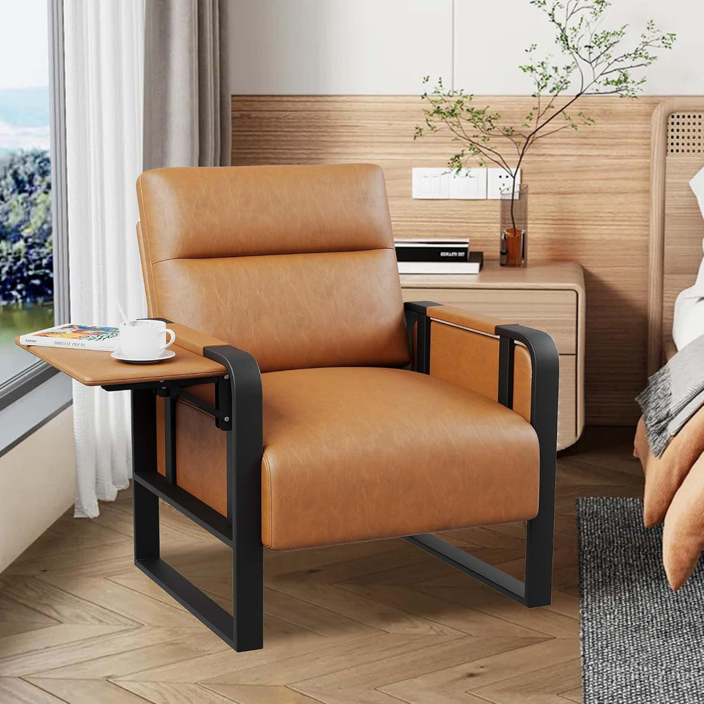 Modern Brown Accent Chair PU Leather Upholstered Armchair with Foldable Side Table for Bedroom Living Room Chairs Office Chair