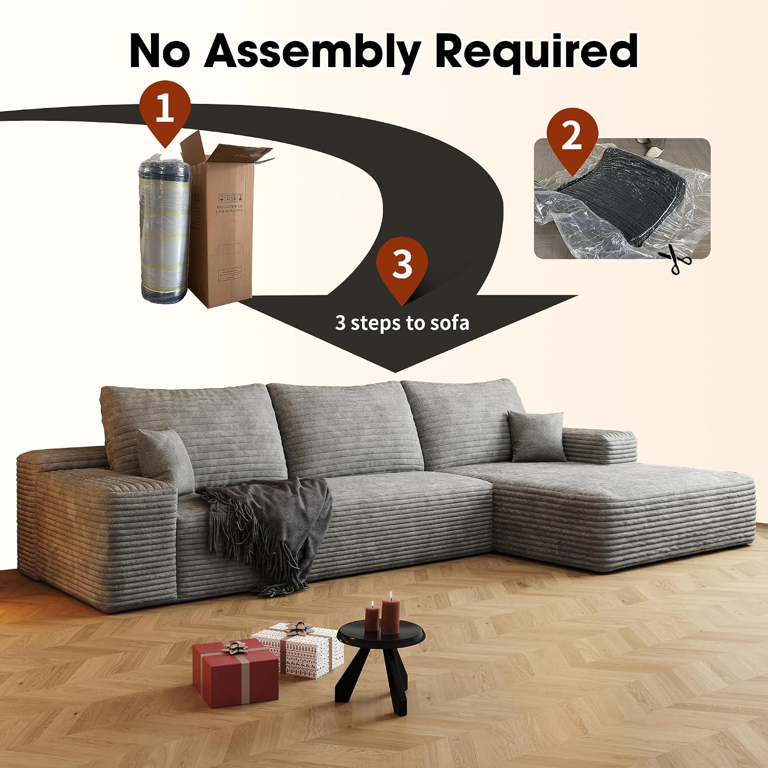 Eafurn Oversized L Shape Modular Sectional Sofa with Right Facing Chaise Lounge,Wide Deep Seat Compressed Corner Couch,Minimalist Corduroy Upholstered Boneless Lounge Sofa Couch