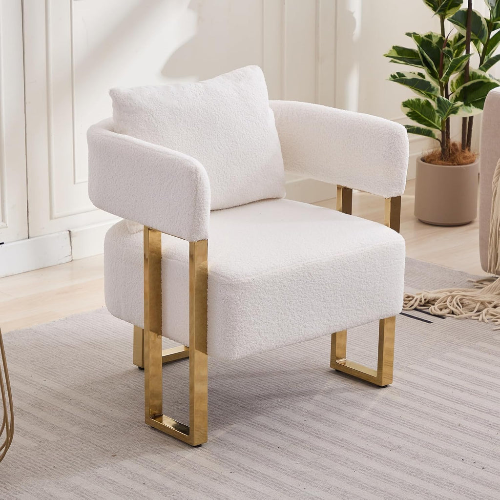 YISHENG Modern Barrel Accent Chairs Set of 2, Living Room Side Chairs with Golden Metal Legs Soft Upholstered Reading Armchairs no Wheels for Vanity/Reception Room//Bedroom/Lounge/Office, White Teddy