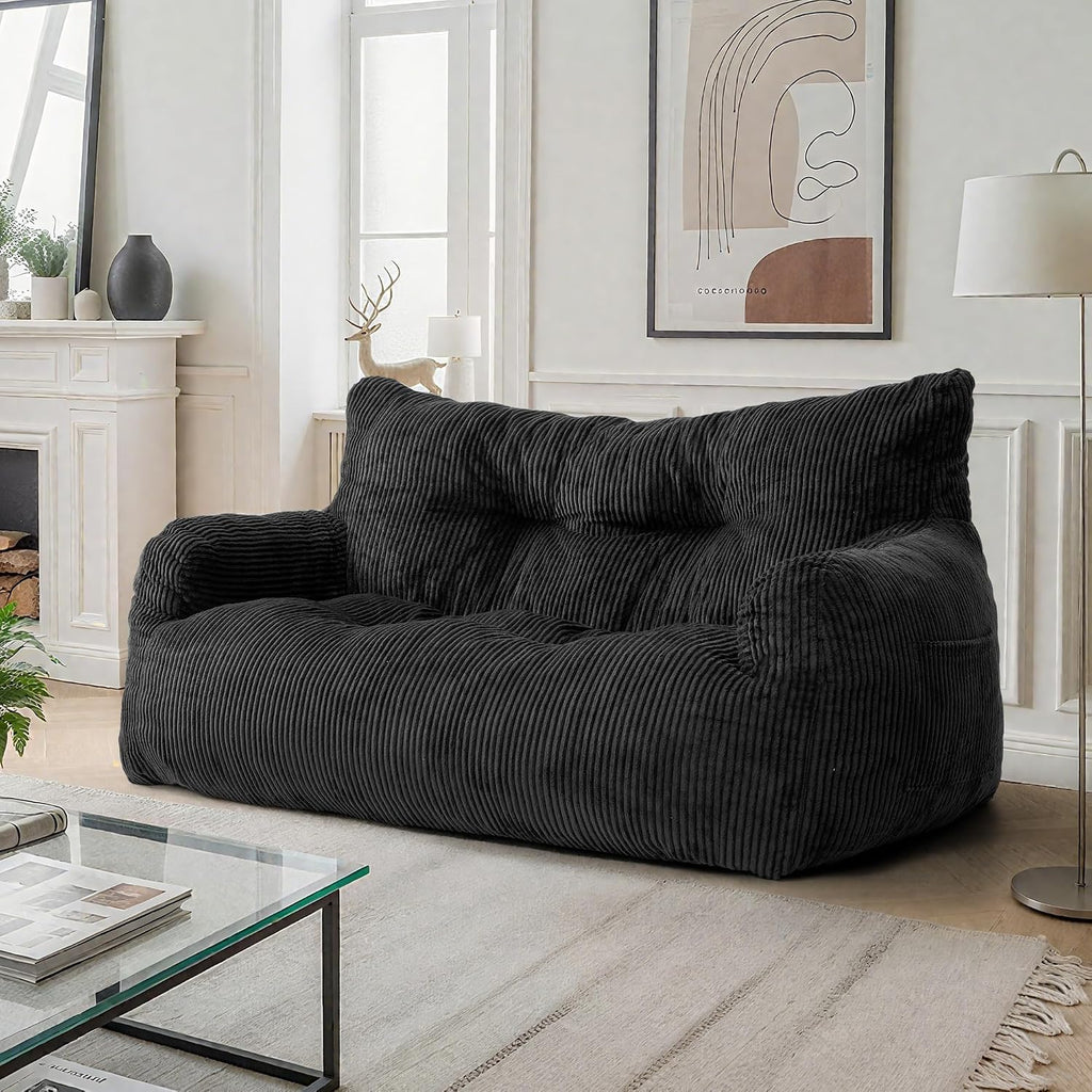 59' Bean Bag Chair,2 Seat Loveseat Sofa,Corduroy Lazy Sofa Bed for Adults,Fit Living Room, Bedroom,Outdoor Spaces,Ultra Soft Dutch Velvet,Fluffy Comfort Cover,Black