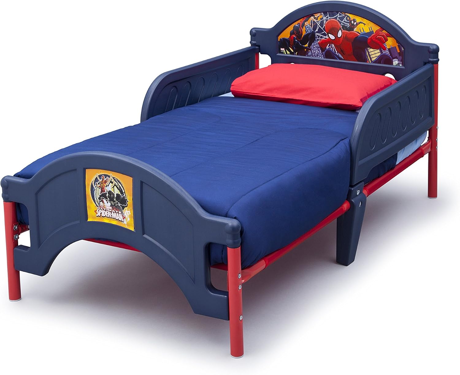 Delta Children Plastic Toddler Bed, Marvel Spider-Man + Delta Children Twinkle Galaxy Dual Sided Recycled Fiber Core Toddler Mattress (Bundle)