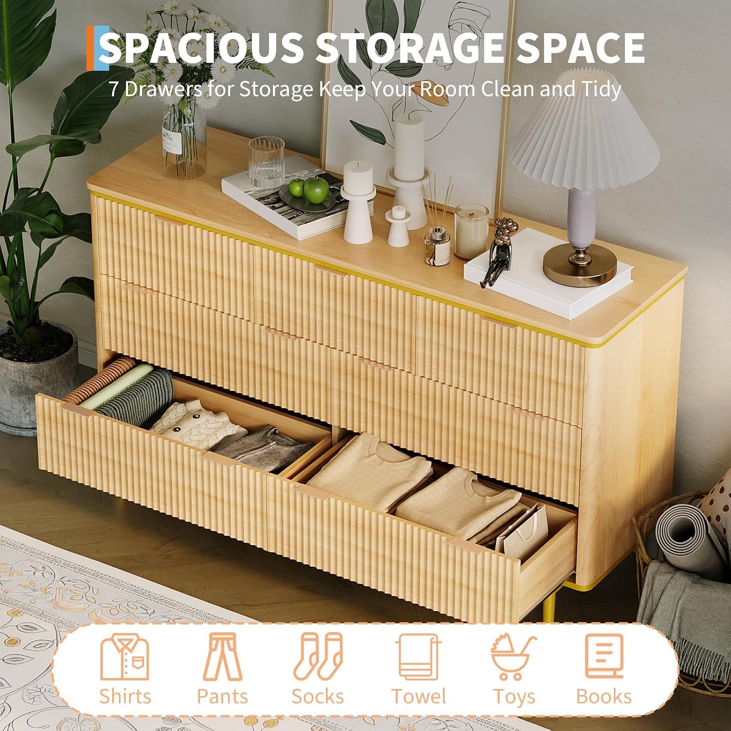 Garvee LED Dresser with Charging Station - Modern 5-Drawer 47' Wide Wooden Chest, Storage Organizer for Bedroom, Nursery, Hallway & Apartments